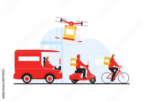 New normal safe delivery concept. Courier on bike, scooter, car and a drone with a package. Flat vector.