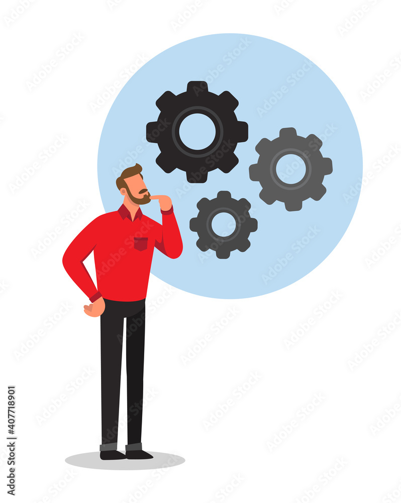 Man thinking and questioning things to himself. Gears. Cogwheels.