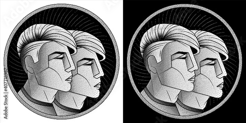 Gemini zodiac sign, monochrome horoscope symbol. Pixel style astrological icon. Stylized black white graphic portrait twins, young guys from future with stylish modern hairstyle undercut hair. Vector.