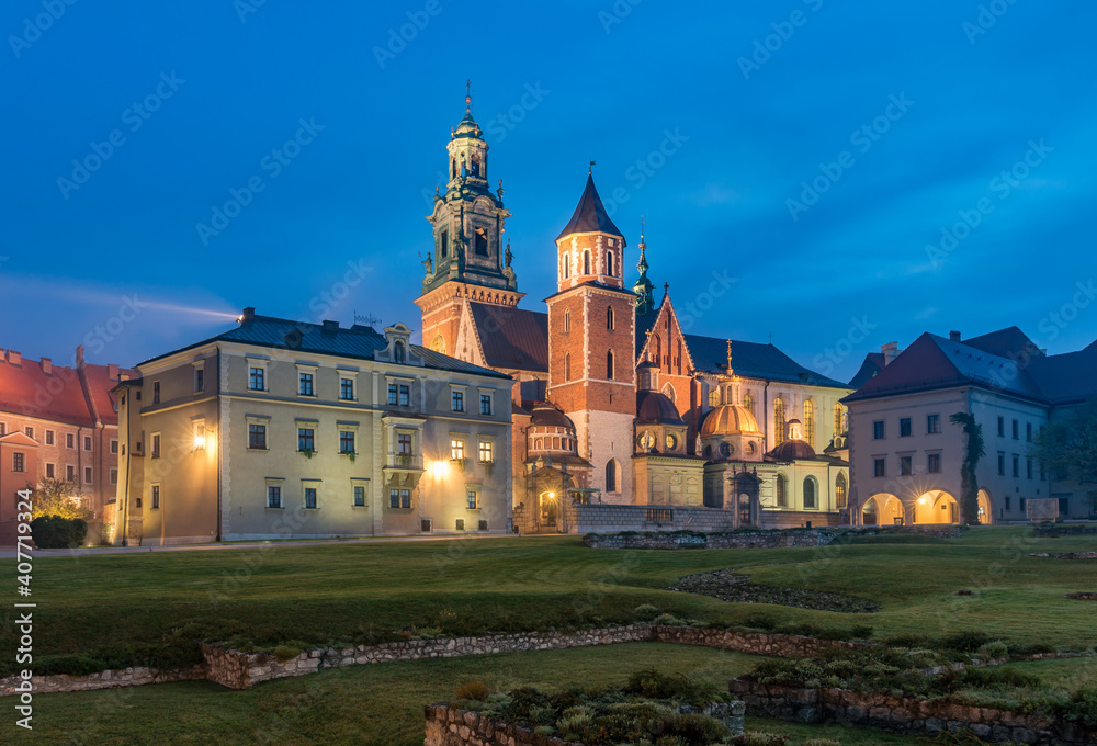 Picturesque Wawel castle and Wawel cathedral in the blue hour, Krakow, Poland