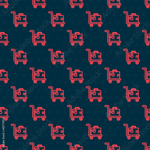 Red line Hotel luggage cart with suitcase icon isolated seamless pattern on black background. Traveling baggage sign. Travel luggage icon. Vector.