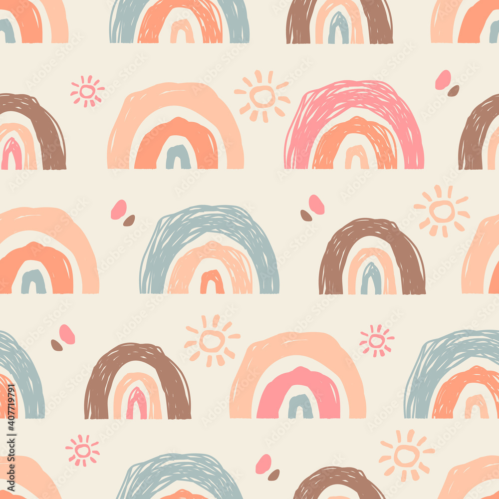 Abstract cute rainbows pattern in doodle style as a seamless texture for contemporary trendy surfaces design. Colorful vector illustration in pastel beige colors Abstract cute rainbows pattern in doodle style as a seamless texture for contemporary trendy surfaces design. Colorful vector illustration in pastel beige colors