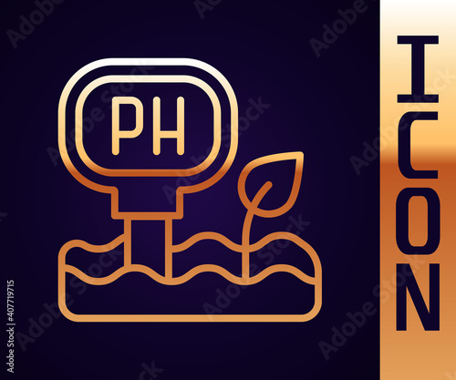 Gold line Soil ph testing icon isolated on black background. PH earth test. Vector.