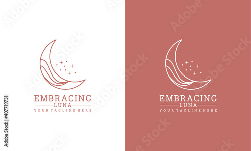 elegant crescent moon and star logo design line icon vector in luxury style outline linear, ramadan kareem, crescent moon and star illustration for background banner, abstract crescent moon logo