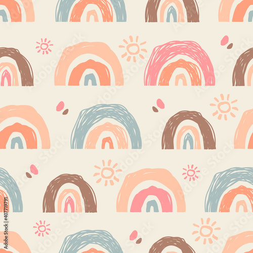 Abstract cute rainbows pattern in doodle style as a seamless texture for contemporary trendy surfaces design. Colorful vector illustration in pastel beige colors