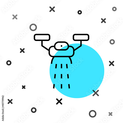 Black line Smart farm with drone control for seed planting icon isolated on white background. Innovation technology for agricultural company. Random dynamic shapes. Vector.