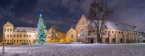 Winter in Krakow, Christmas Tree, Bishop's Palace and St Francis church in the snow, night, Poland
