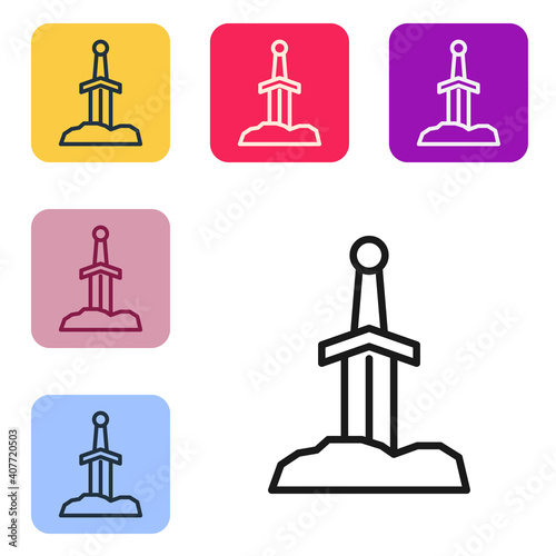 Black line Sword in the stone icon isolated on white background. Excalibur the sword in the stone from the Arthurian legends. Set icons in color square buttons. Vector.