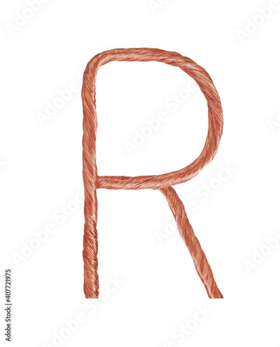 Letter R made of copper wire  isolated on white background
