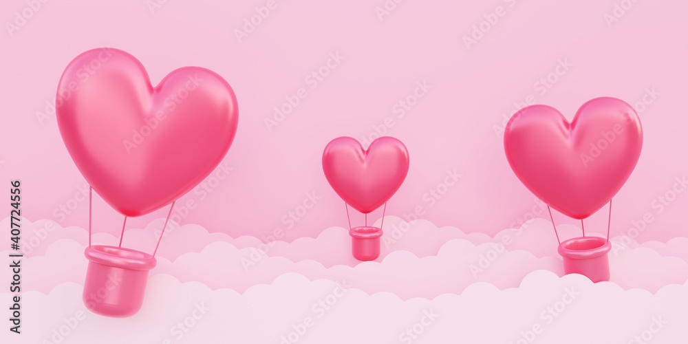 Valentine's day, love concept background, red 3d heart shaped hot air balloons flying in the sky with paper cloud