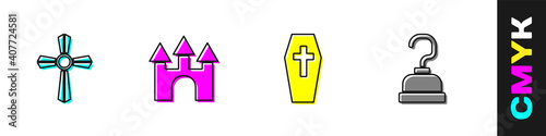 Set Tombstone with cross, Castle, Coffin and Pirate hook icon. Vector.