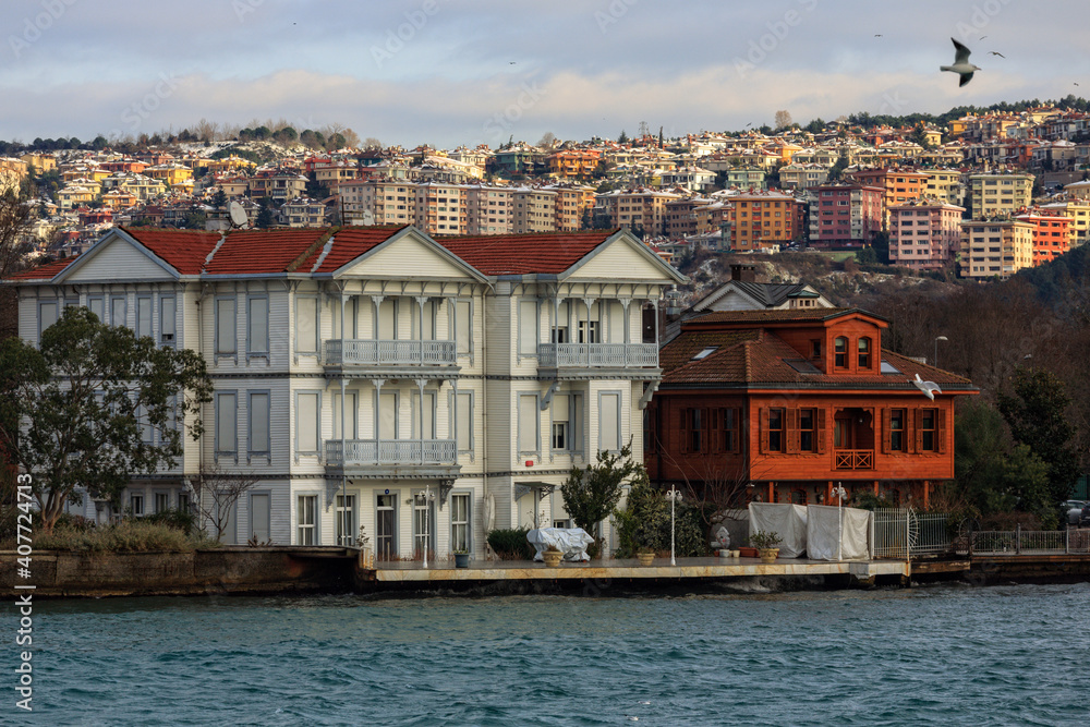 Traditional and modern mansions on the Bosporus Strait waterside