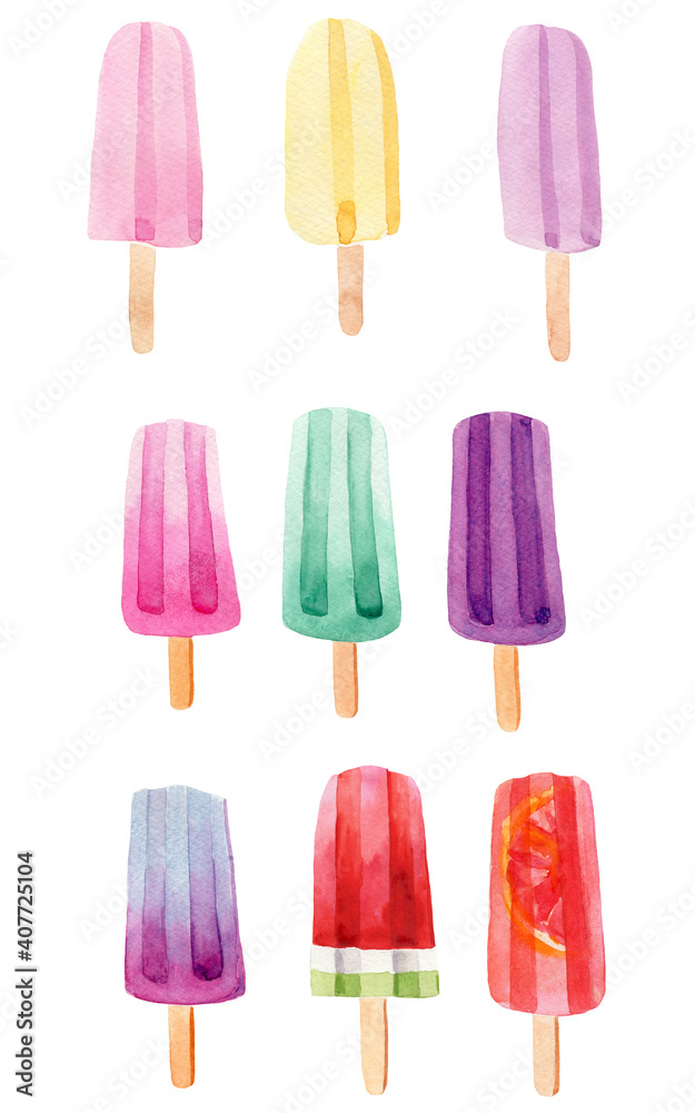 Watercolor illustration set of delicious ice cream popsicles on a stick Watercolor illustration set of delicious ice cream popsicles on a stick