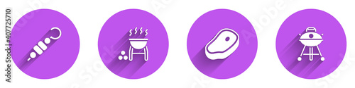 Set Grilled shish kebab, Barbecue grill, Steak meat and icon with long shadow. Vector.