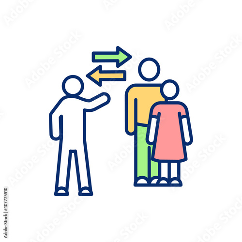 Social interaction RGB color icon. People communication. Society network. Friends and family work together. Social distancing. Safety measure. Men speak. Isolated vector illustration