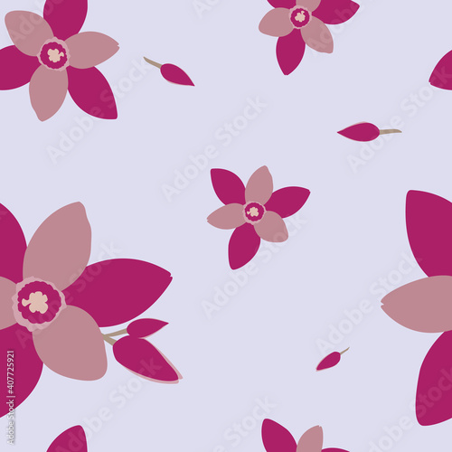 Floral seamless print, cold shades. Fuchsia colors. For postcards, bedding and decor.