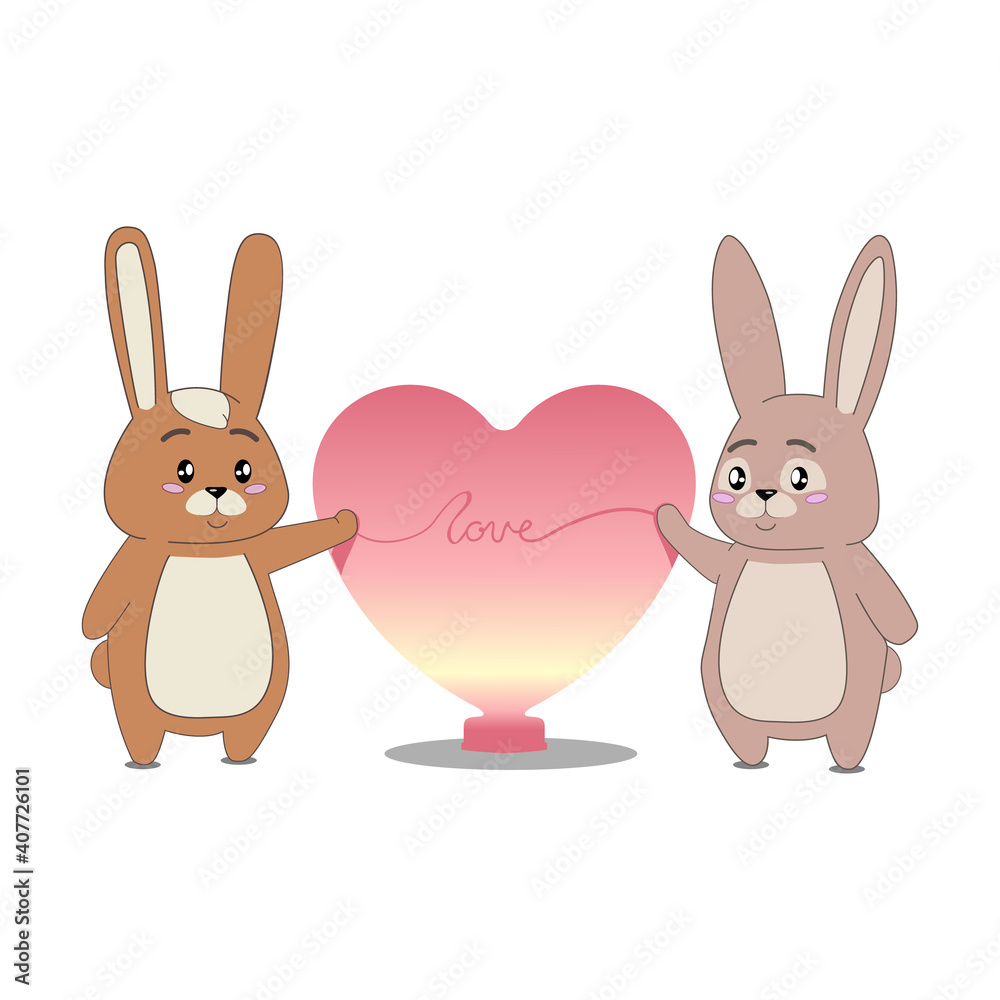 Fototapeta premium Two rabbits hold on to the heart. Cute Valentine's Day postcard. Vector illustration