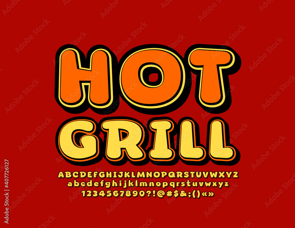 Obraz premium Vector tasty sign Hot Grill. Bright trendy Font. Retro style set of Alphabet Letters and Numbers