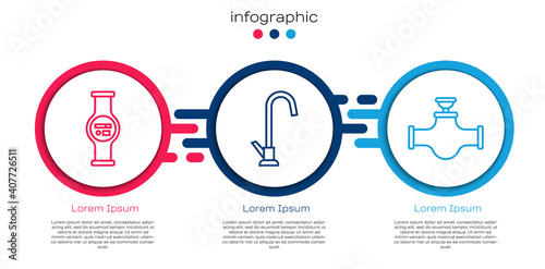 Set line Water meter, Water tap and Industry pipe and valve. Business infographic template. Vector.