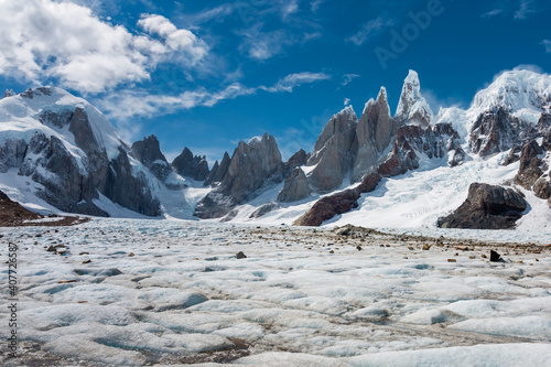 Majestic Cerro Torre mountain taken from place known as Circo de los Altares (Circuit of the Altars), Los Glaciares National Park (AG)
