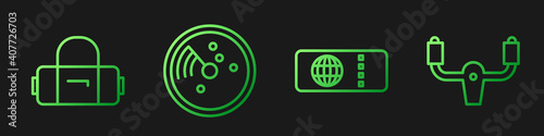 Set line Airline ticket, Suitcase, Radar with targets on monitor and Aircraft steering helm. Gradient color icons. Vector.