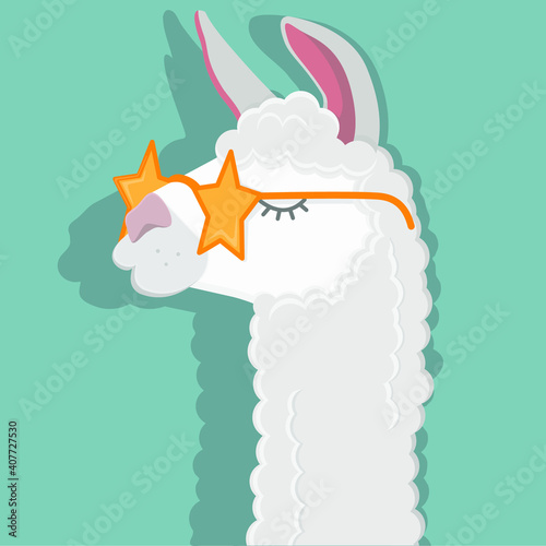 Image of a funny llama wearing glasses in the shape of stars. Flat vector illustration of a cute and fluffy alpaca. Template for postcards, banners, websites and printing houses.