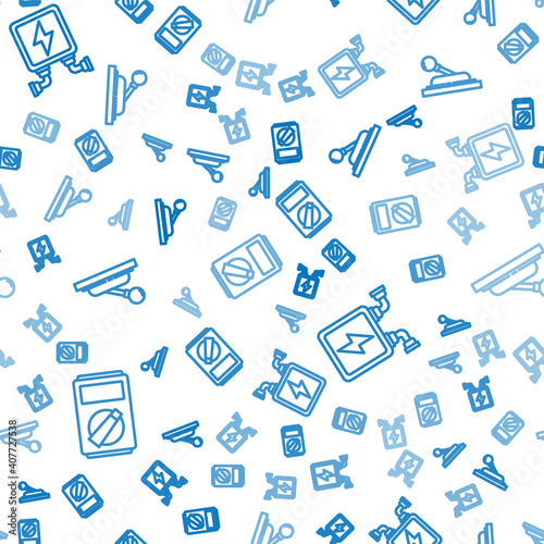 Set line Multimeter, Electric transformer and Electrical panel on seamless pattern. Vector.