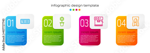 Set line Digital alarm clock, Flower in pot, Coffee machine and Pencil sharpener. Business infographic template. Vector.