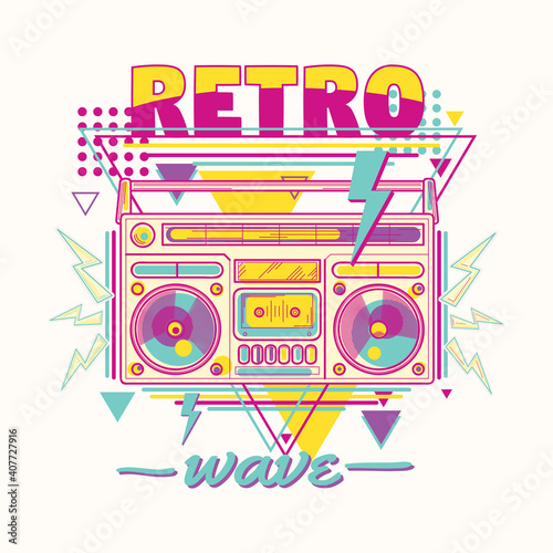 Retro wave - colorful music 80s disco boombox emblem