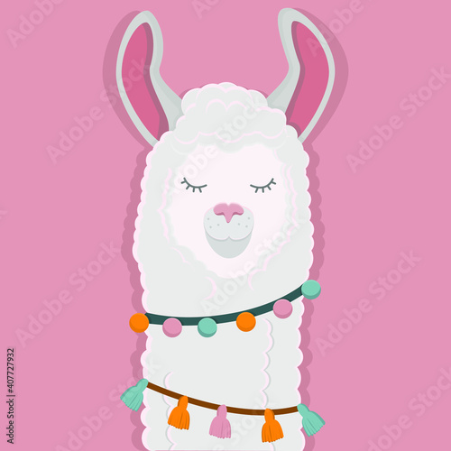 Vector illustration of a fluffy alpaca on a pink background. Template for postcards, banners, websites and printing houses with the image of a funny llama in an ethnic outfit with tassels.
