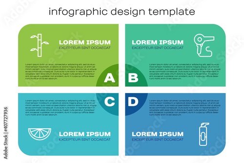 Set line Citrus fruit, Bamboo stems with leaves, Spray can for hairspray and Hair dryer. Business infographic template. Vector.