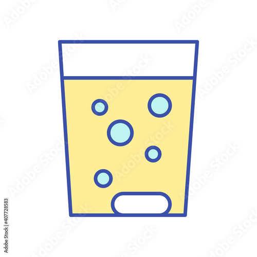 Fizzy vitamin pill RGB color icon. Multi mineral complex in powder. Cup of soluble medicament. Health care. Pills in water for healthy diet. Dietary and nutritionology. Isolated vector illustration