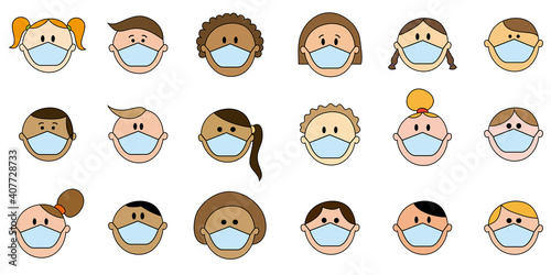 Set of people faces with medical face masks.