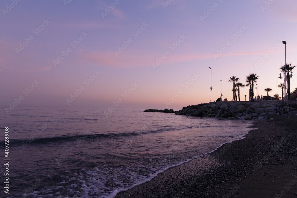 Sunset in Malaga beach in Andalusia Spain