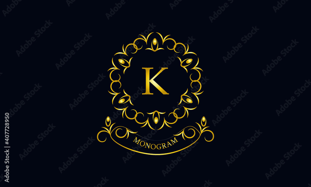 Stylish decorative monogram with a possible inscription and the letter K. Exclusive gold logo on a dark background for a cafe, a symbol of business, restaurant, hotel, invitations, menus, labels, fash