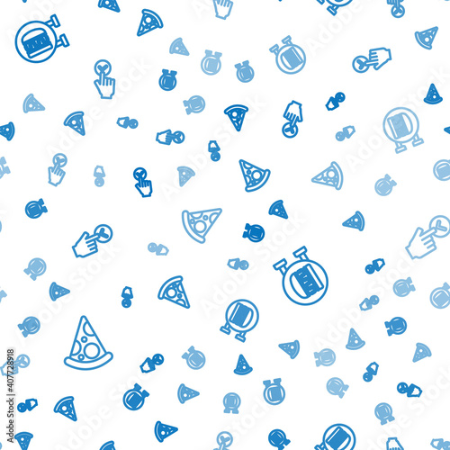 Set line Slice of pizza, Online ordering burger delivery and and on seamless pattern. Vector.