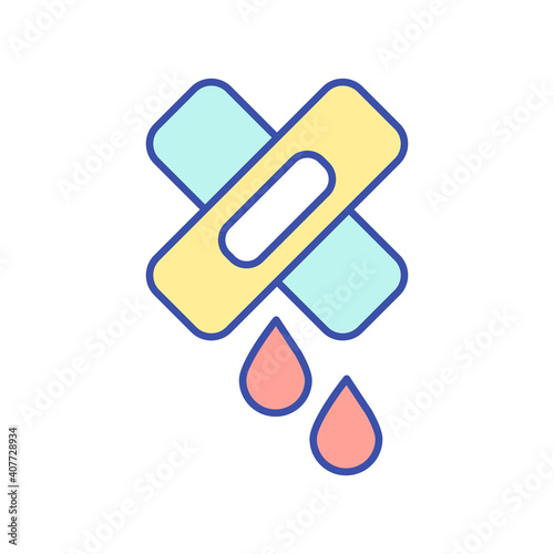 First aid RGB color icon. Wood with blood. Skin damage. Bleeding from cut. Bandage and plaster. Patch to reduce bleeding. Health care. Hemophilia, medical problem. Isolated vector illustration