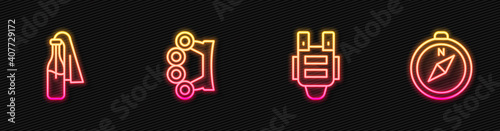 Set line Bulletproof vest, Cocktail molotov, Brass knuckles and Compass. Glowing neon icon. Vector.