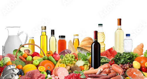 Fototapeta Naklejka Na Ścianę i Meble -  Assortment of fresh organic products on white background. Balanced food