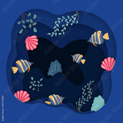 Paper underwater sea cave with  fish, seaweed, shells. The bottom of the sea. Paper cutting style. Concept. Vector illustration, eps