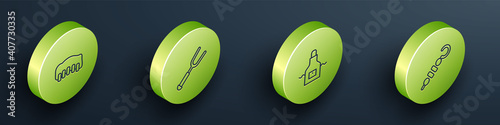 Set Isometric line Grilled pork bbq ribs, Barbecue fork, Kitchen apron and shish kebab icon. Vector.