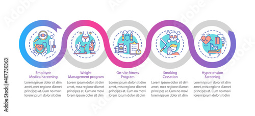 Workspace wellbeing programs vector infographic template. Weight control, sport presentation design elements. Data visualization with 5 steps. Process timeline chart. Workflow layout with linear icons