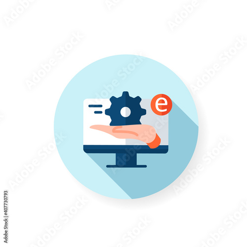 E-services flat icon. New normal concept. Online support, commerce, maintenance. New life after covid19 outbreak. Pandemic time, influence. Isolated color vector illustration with shadow