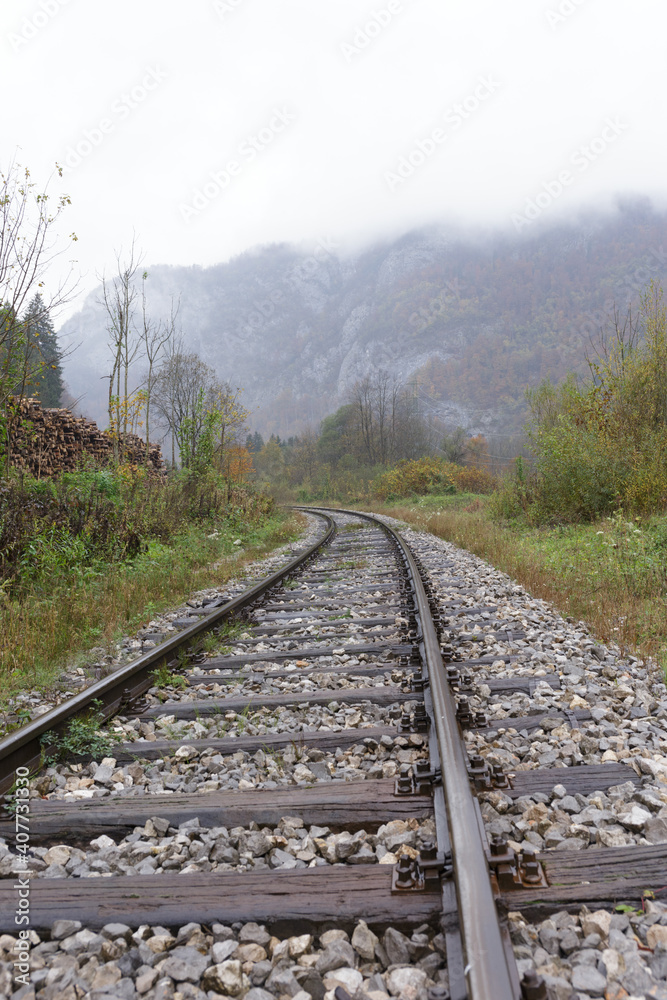 Fototapeta premium Train tracks and logs pilled up