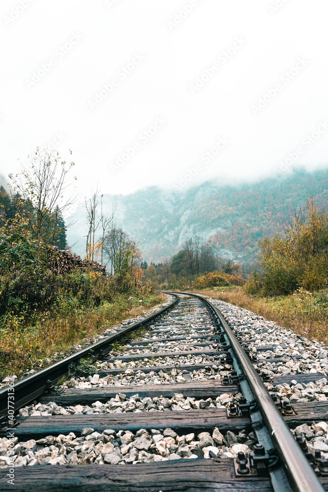 Fototapeta premium Train tracks and logs pilled up