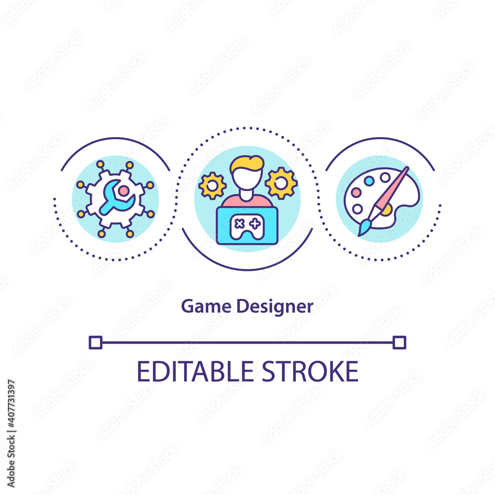 Game designer concept icon. Conceptualizing game plots and storylines idea thin line illustration. Characters, gameplay development. Vector isolated outline RGB color drawing. Editable stroke
