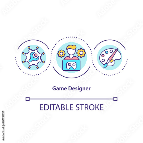 Game designer concept icon. Conceptualizing game plots and storylines idea thin line illustration. Characters, gameplay development. Vector isolated outline RGB color drawing. Editable stroke © bsd studio