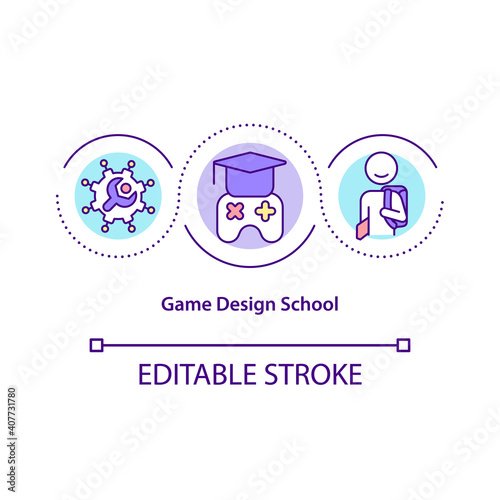 Game design school concept icon. Degree in game production idea thin line illustration. Computer graphics, programming and art learning. Vector isolated outline RGB color drawing. Editable stroke