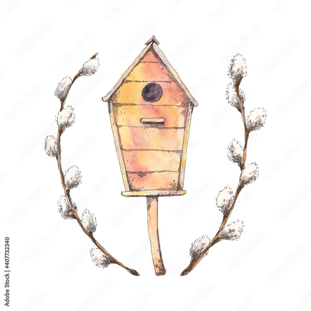 Birdhouse with frame of willow branches hand drawn in watercolor sketching style. Spring illustration.