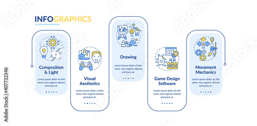 Game designer skills vector infographic template. Visual aesthetics presentation design elements. Data visualization with 5 steps. Process timeline chart. Workflow layout with linear icons